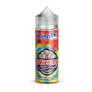 A colorful bottle of Kingston Nicotine Free E Liquid with a label that reads 'Sweets - Refreshing Chews'. The liquid is 100ml, 0mg nicotine, and is designed for vaping.